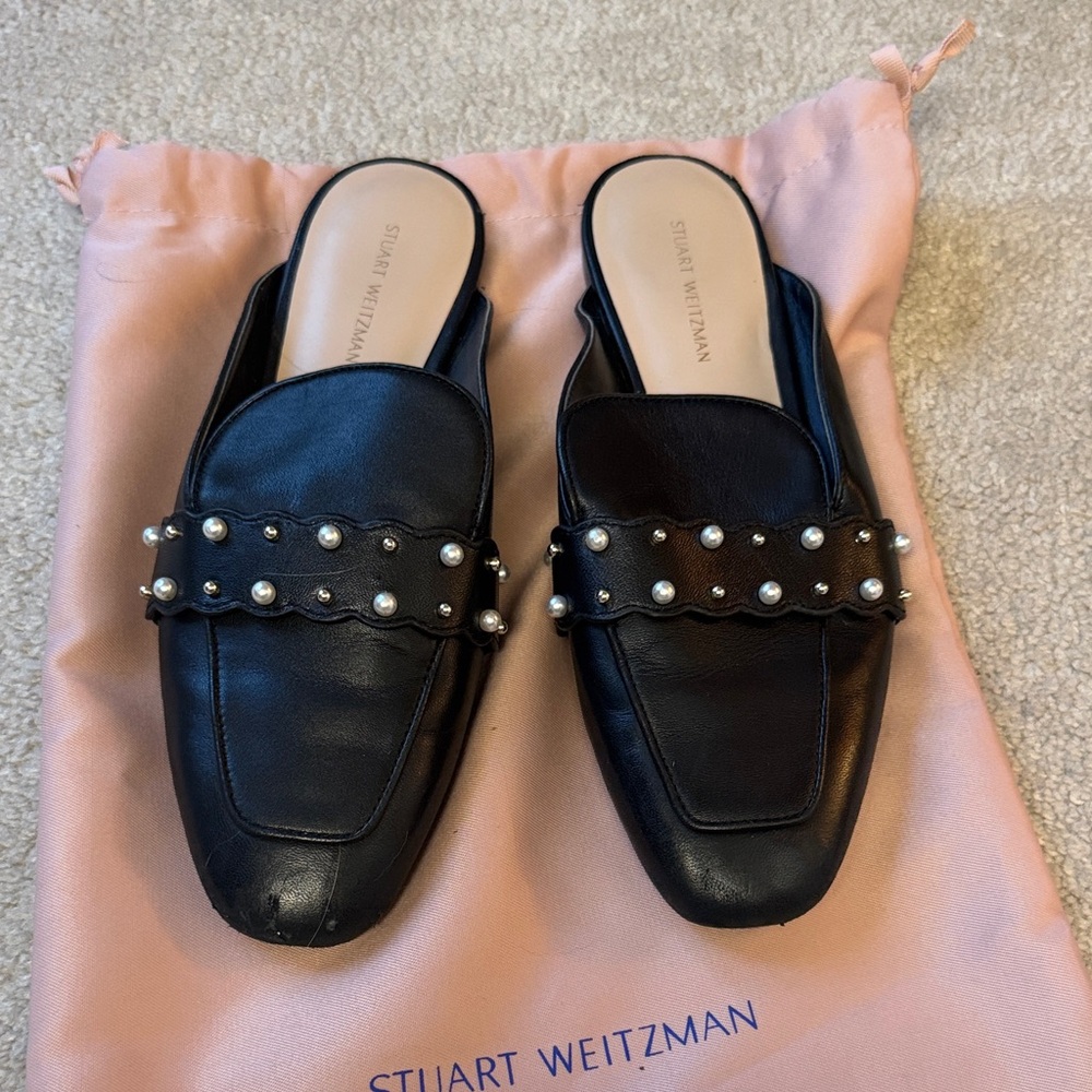 Stuart Weitzman Black Mules with Pearl Accents